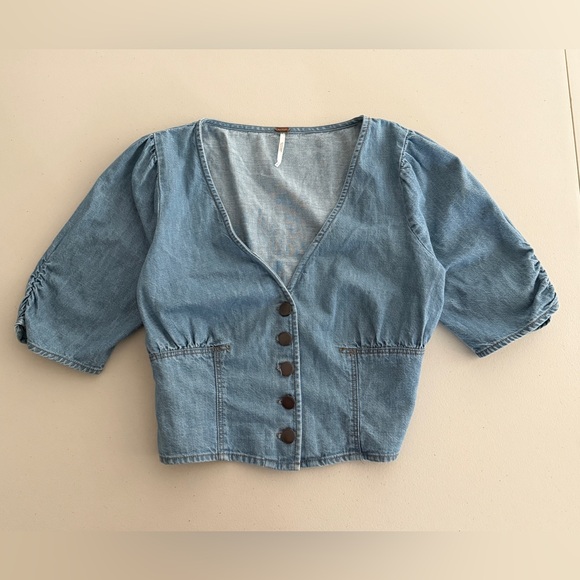 Free People Blue Denim Button-Up Top - Picture 2 of 8